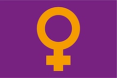 Das Bild zeigt ein gelbes Frauenzeichen auf lila Hintergrund