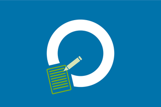 Icon mit weißem Kreis auf blauem Grund und stilisiertem Blatt mit Stift