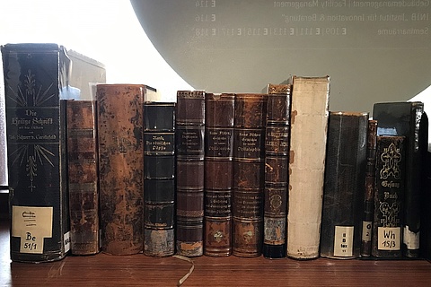 Alte Bücher auf einem Regalbrett