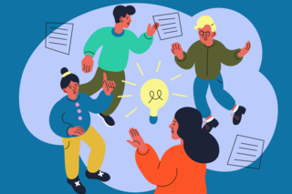 Mehrere Personen stehen im Raum und tauschen angeregt Ideen aus