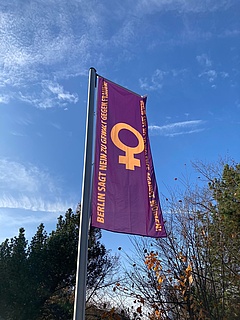 Die Fahne an der EHB <br />
anlässlich des Internationalen Tages gegen Gewalt an Frauen*