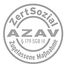 graues Logo auf weißem Hintergrund mit Aufschrift: ZertSozial, AZAV, §179 SGB 3, Zugelassene Maßnahme