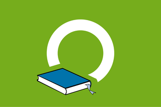 Das Bild zeigt ein stilisiertes Icon: Weißer Kreis auf grünem Grund mit einem Blauen Buch mit Lesezeichen links unten n. 