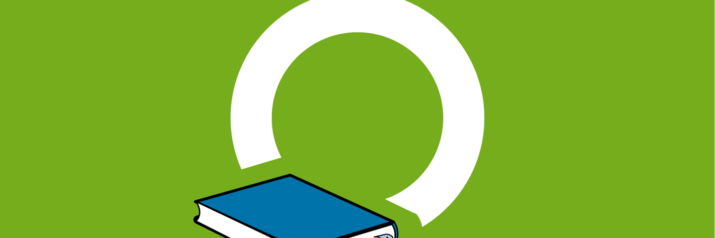 Das Bild zeigt ein stilisiertes Icon: Weißer Kreis auf grünem Grund mit einem Blauen Buch mit Lesezeichen links unten n. 